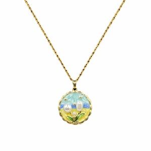 Pastel Enamel Flower Pendant w/ Faux Pearl Accents on Stainless Gold Tone Chain